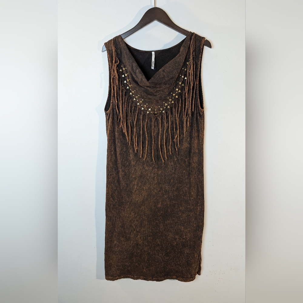 Petrol Jeans 100% Cotton T Shirt Dress w Fringe Studded Cowl Neck, Size XL